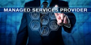 Business professional selecting Managed Services Provider on a digital interface with IT service icons.